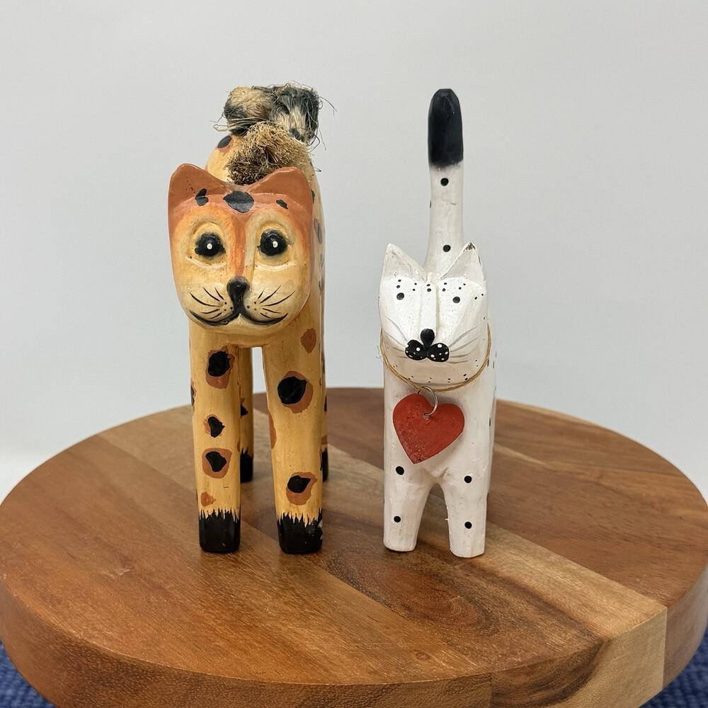 VTG Folk Art Long Tailed Cats Lot Of 2 Small Figurines Wooden